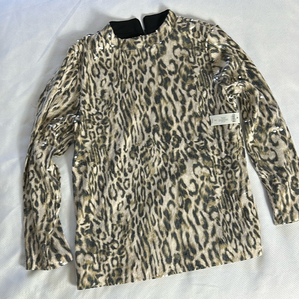 NWT Chico’s Size 2 Women’s Size Medium Cheetah Print Sequins Long Sleeve Blouse